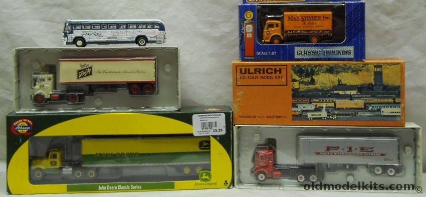 Ulrich 1/87 931-561 TSA Tank Car With Kenworth Trailer / 1001 PIE Tractor & Trailer / Schlitz Tractor & Trailer / IMEX Max Spinner Truck / Athearn Kenworth and 45' Trailer John Deere / Mini Meals GM Greyhound Bus - HO Scale plastic model kit